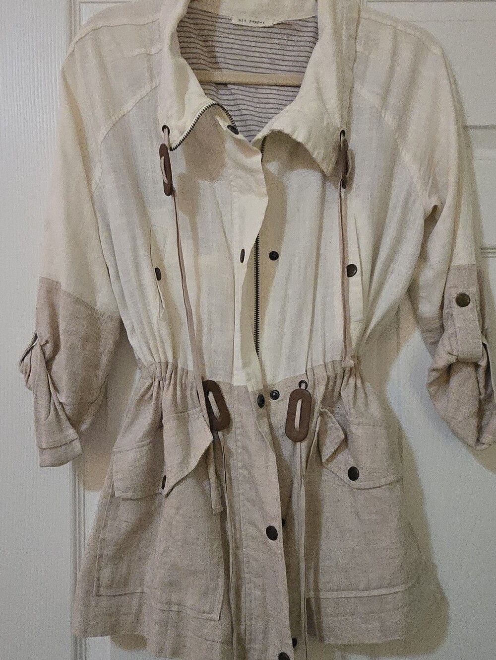 Blu Pepper Linen Blend Utility Two Tone Colorblock Zip Jacket